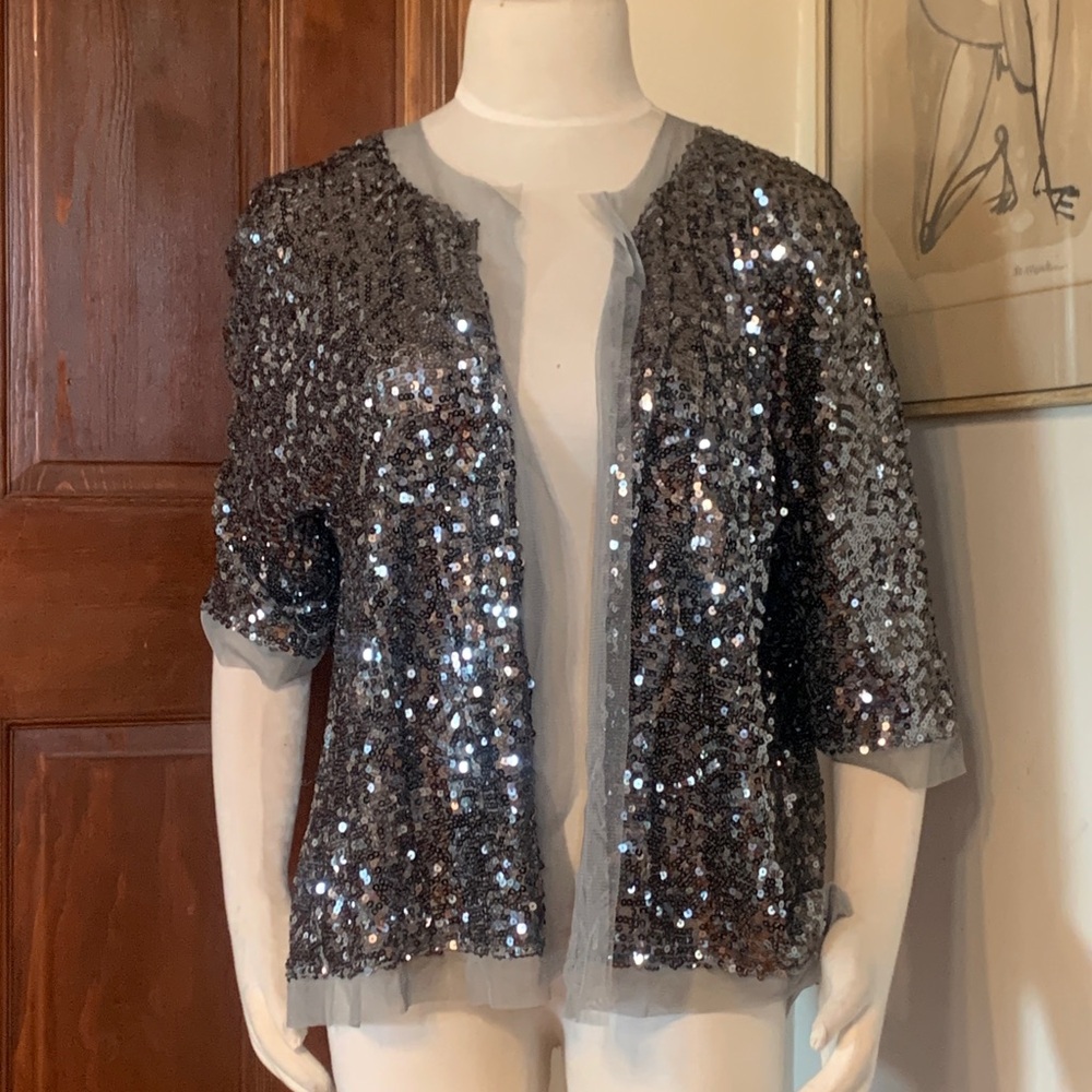 SILVER SEQUINS PAILETTES NORDSTROM 3/4 SLEEVE COVERUP TOP